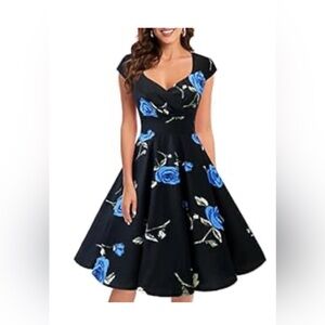 Bbonlinedress 1950s Retro Vintage Cocktail Swing Black & Blue Rose Dress